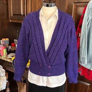 Vintage Erika Sz M Purple Cable Knit Cardigan Sweater GVC